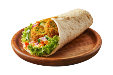 Falafel wrap with lettuce, parsley, and creamy tahini sauce on wooden plate, isolated on white transparent background. Concept of healthy Arabic street food