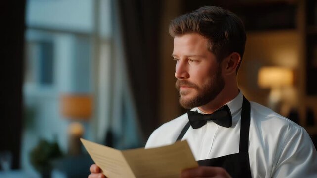 Butler expressing silent frustration while reviewing incomplete service checklist, emotion controlled but visible, symbolizing perfectionism, accountability, and emotional endurance behind luxury