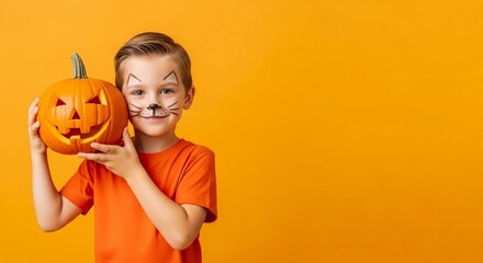 Happy young child boy with Halloween face paint and a carved pumpkin jack-o-lantern. Autumn holiday celebration and festive season tradition. Kid in studio on orange background with copy space