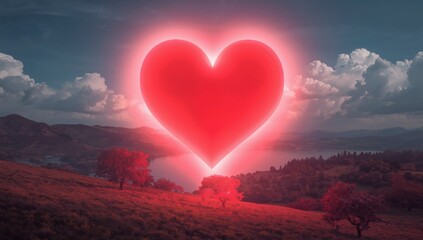 Glowing red heart symbol radiates warm light above a serene mountain landscape under a cloudy sky