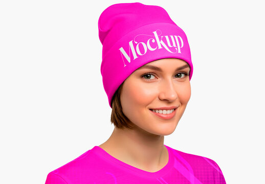 Beanie Headwear Mockup on a Smiling Woman