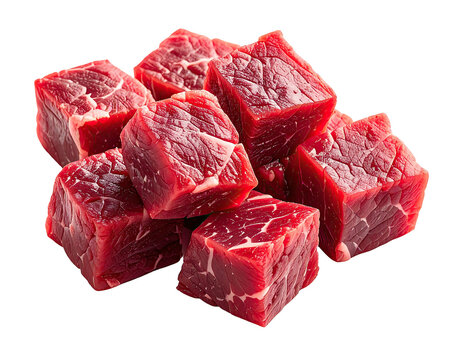 Isolated cubes of raw, red meat arranged on a transparent background