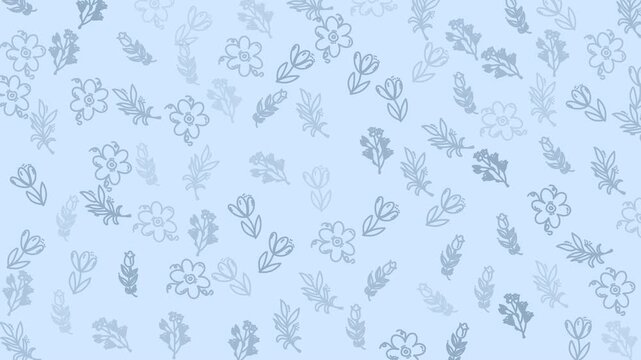 A delicate, hand-drawn floral pattern with various flowers and leaves scattered across a light blue background.