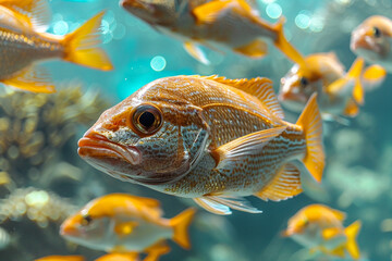 A harmonious school of fish gracefully gliding through the water, showcasing unity and teamwork, with one brave fish confidently leading the way   