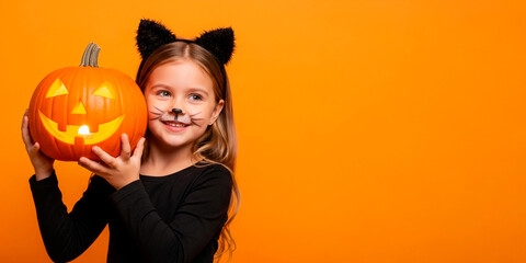 Happy young child girl with Halloween face paint and a carved pumpkin jack-o-lantern. Autumn holiday celebration and festive season tradition. Kid in studio on orange background with copy space