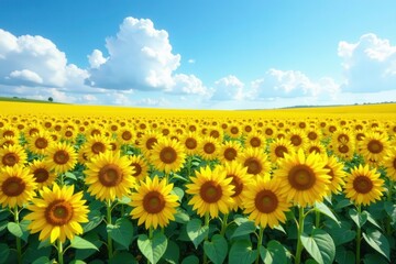 Obraz premium Vast sunflower field under a bright blue sky dotted with fluffy white clouds , farm, vibrant, landscape