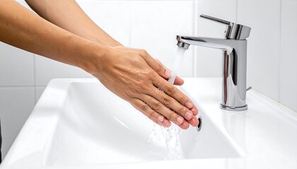 Person washing hands under running water in a clean, white bathroom sink