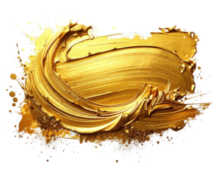 A detailed close-up showing a rich, textured, swirled brushstroke in vibrant golden paint against a black background