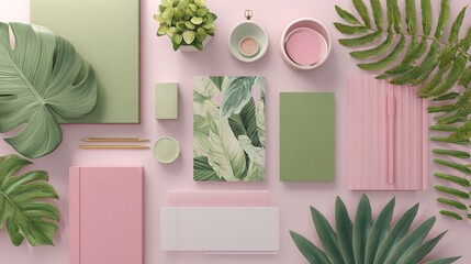 Botanical bliss An arrangement of tranquil greens and soft pinks evoking calm and serene design with a flat lay