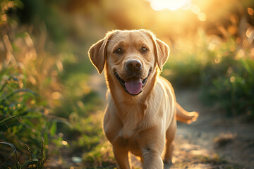 A happy dog enjoying a leisurely evening stroll in the peaceful outdoors, surrounded by nature's beauty and fresh air, with a content expression on its face  