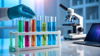 Scientist examines colorful liquid samples in test tubes within a modern laboratory setting carefully
