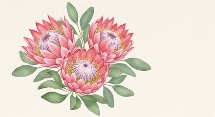 Three pink protea flowers with green leaves arranged on a creamcolored background
