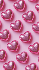 Obraz premium Evenly spaced rows of metallic pink hearts on a pastel background. 