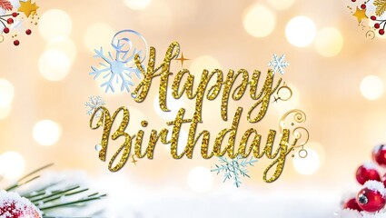 Festive Happy Birthday design with gold glitter lettering and decorations