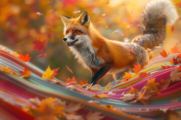 A joyful fox gracefully surfing on vibrant waves of rainbow-colored leaves, embodying a sense of freedom and adventure in a whimsical and enchanting autumn setting  