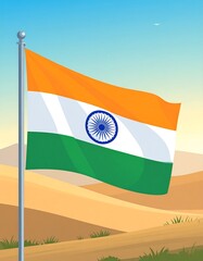 Indian flag waving over desert landscape