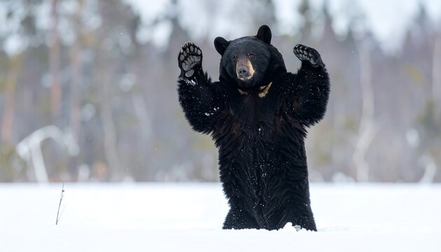 A large, black mammal stands tall in deep snow, with forepaws raised in a gesture. The background shows blurred trees and a wintery scene