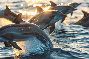 A joyful group of dolphins playing in the warm sunlight, showcasing their playful and carefree nature in the beautiful ocean setting  