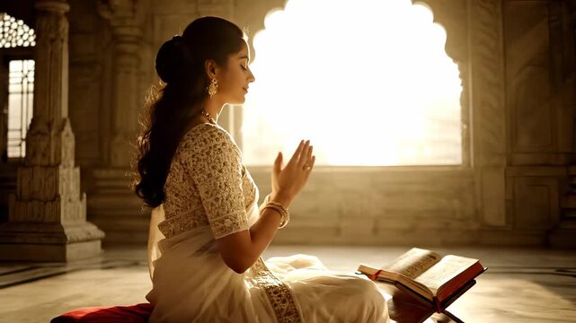 Serene Sikh Woman Meditating in Temple for Guru Nanak Jayanti Celebration, Symbolizing Spirituality and Peace