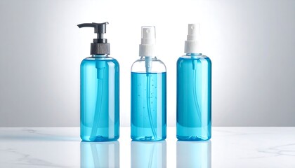 Three blue, transparent bottles with different pump and spray tops