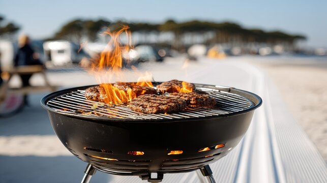 Grilling burgers on a beachside barbecue during a sunny afternoon with people enjoying the view in the background