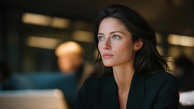 Female president of professional society reviewing strategic plans with colleagues, emotion of calm authority and confidence visible, representing gender equality in leadership, decision-making,