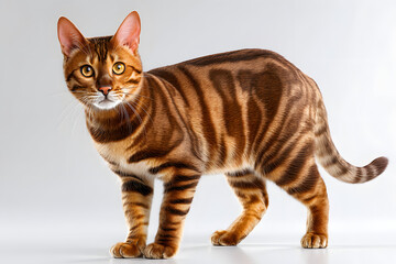 Obraz premium Elegant Miniature Tiger Toyger Cat Posing Gracefully with Striking Stripes and Expressive Eyes