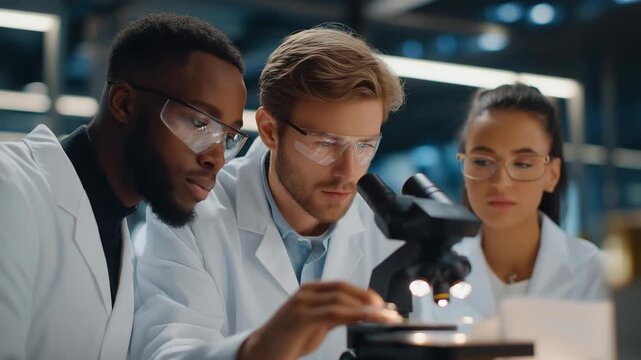 Futuristic laboratory visual of scientists observing self-assembling nanobots under a microscope, emotion of discovery and excitement visible, representing nanotechnology experimentation,