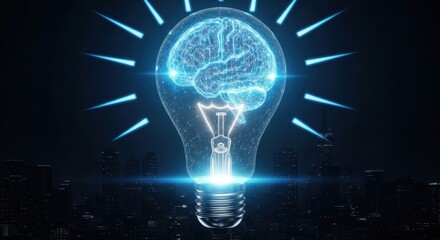 Bright idea symbolizing creativity and innovation with a glowing brain inside a light bulb against a city skyline