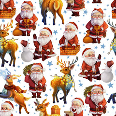 Illustration seamless pattern with Santas and deer. Christmas background. Winter print for packaging	