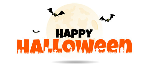 Happy Halloween banner with spooky text, flying bats, and full moon on dark night background