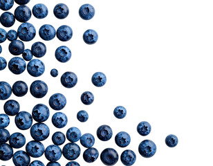 Close-up of many fresh blueberries arranged in a semi-circular diagonal formation