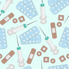 Medicine items, objects seamless pattern, background. Cute simple cartoon icons. Pills, syringe and patch, plaster illustrations