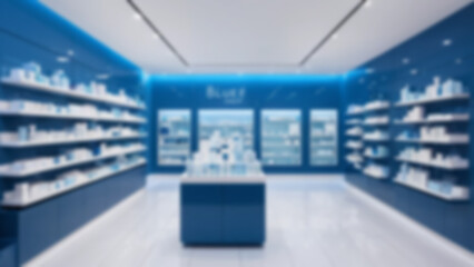 Blurred background of a beauty skincare shop with a clean and luxurious look.