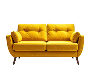 Fototapeta premium A vibrant, contemporary yellow two-seater sofa with tufted cushions, dark legs, and a black backdrop
