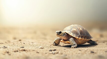 Fototapeta premium Tortoise walking on sandy ground during daylight, showcasing its unique shell patterns and textures