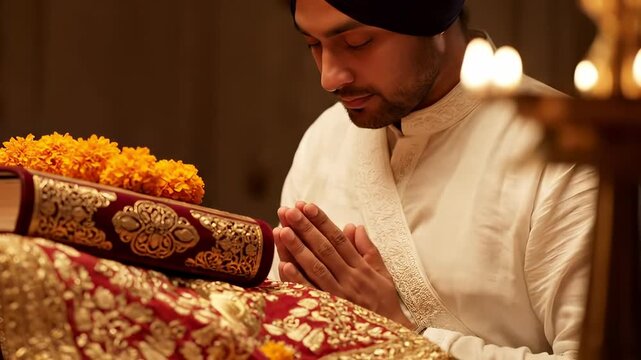 Sikh Man in Prayer During Guru Nanak Jayanti Celebrations, Religious Festival and Devotion to the Founder of Sikhism