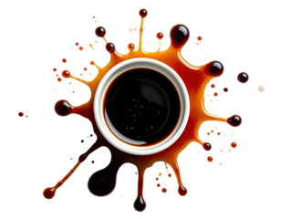 Top-down shot of a round white ceramic cup filled with dark liquid; a splatter design