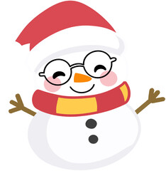 Cute smiling snowman wearing Santa hat and scarf with glasses, cheerful winter Christmas character illustration on transparent background