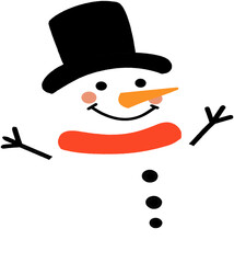 Simple smiling snowman with carrot nose and red scarf, cute winter holiday character illustration for Christmas and seasonal decoration design