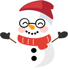 Adorable cartoon snowman in red Santa hat and yellow scarf, festive holiday decoration character with happy expression for Christmas design and greeting cards