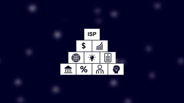 ISP pyramid diagram with icons for finance, global network, idea, document, and people on a dark background