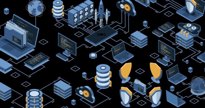 Isometric data network management animation. Cloud storage data and synchronization of devices. Networking, database, cloud storage. Isometric technology. Transparent background with alpha channel