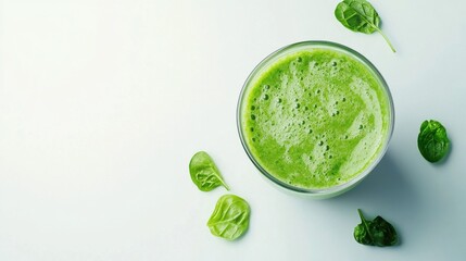 Obraz premium Refreshing green smoothie made from fresh spinach and other ingredients on a clean white surface