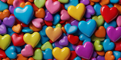 Fototapeta premium A vibrant, overhead shot of numerous colorful heart-shaped candies in pink, blue, yellow, red, and purple, creating a cheerful and sweet background