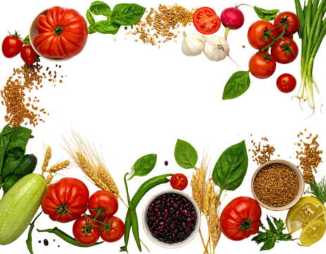 Assortment of fresh vegetables and grains, arranged in an arch shape