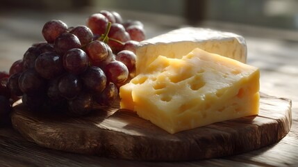 A rustic wooden board displays a delicious assortment of red grapes and two types of cheese highlighted by warm natural light