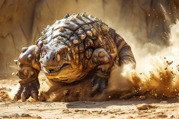 A majestic ankylosaurus joyfully rolling in a shallow pit, its sturdy armor gleaming in the sunlight as it playfully swings its tail, creating a cloud of dust  