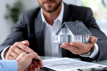 Real estate agent presents model house to client negotiating contract