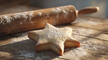 A freshly baked star cookie dusted with flour ready for holiday decorating lying near a worn wooden rolling pin in warm